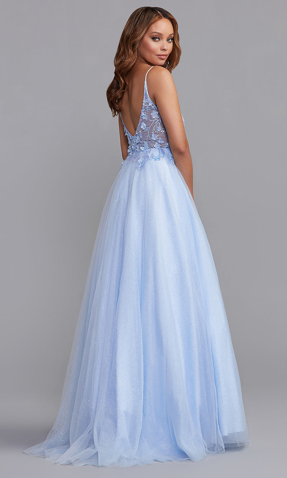  Sequin-Bodice Long Glitter Prom Ball Gown