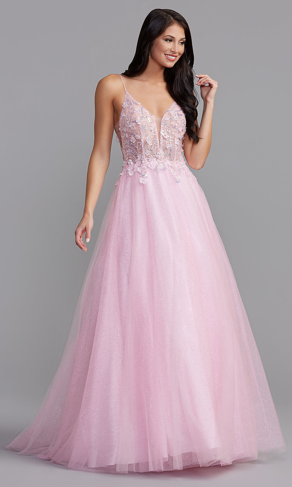 Iridescent Pink Sequin-Bodice Long Glitter Prom Ball Gown