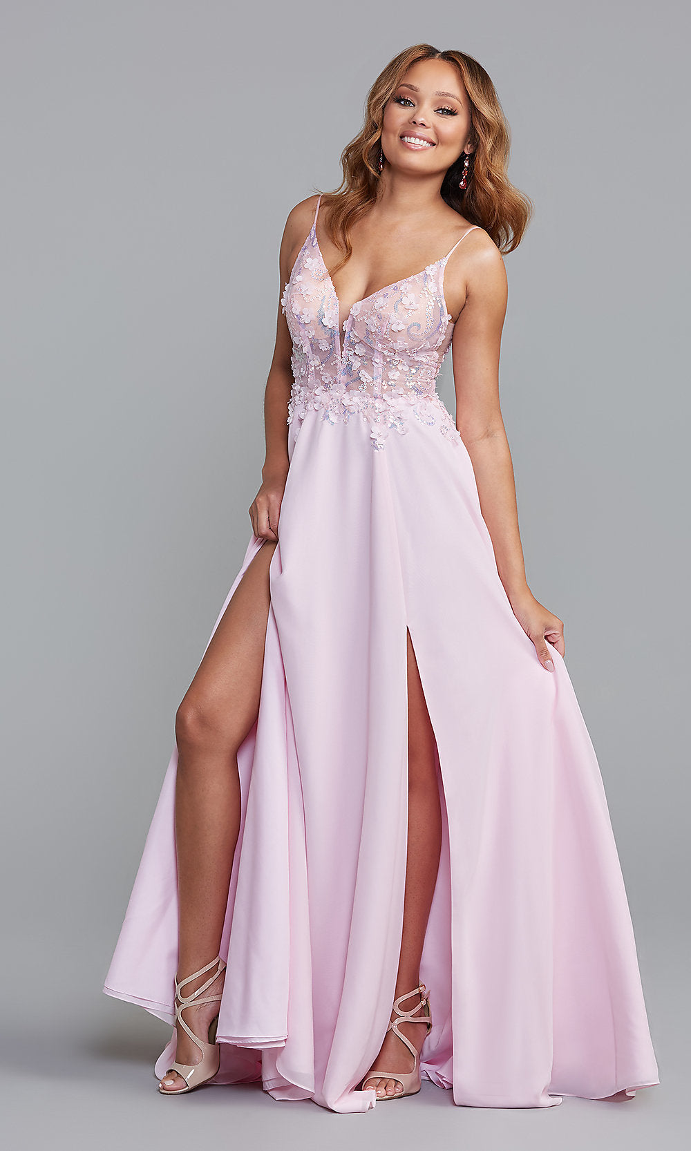 Iridescent Pink Sheer-Bodice Long A-Line Prom Dress with Double Slits