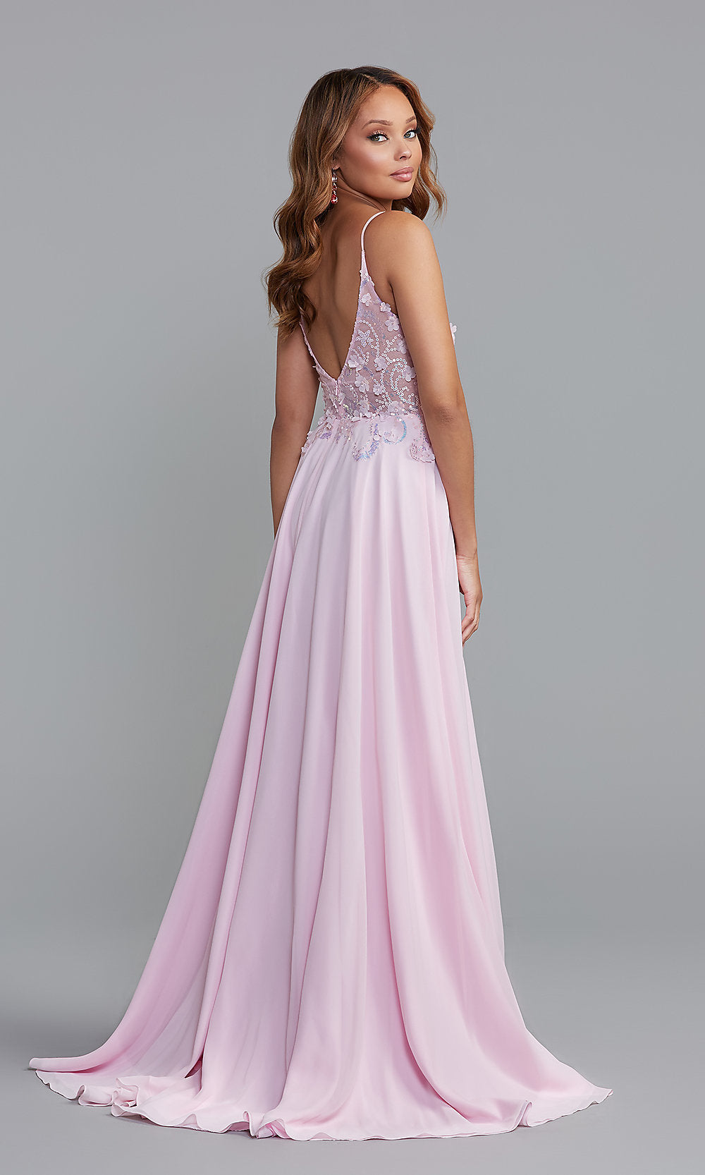  Sheer-Bodice Long A-Line Prom Dress with Double Slits