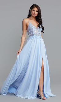 Iridescent Sky Sheer-Bodice Long A-Line Prom Dress with Double Slits