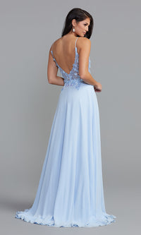  Sheer-Bodice Long A-Line Prom Dress with Double Slits