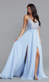  Sheer-Bodice Long A-Line Prom Dress with Double Slits