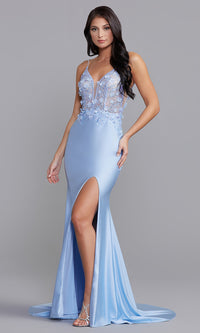 Iridescent Sky Formal Long Dress with Embellished Sheer Bodice