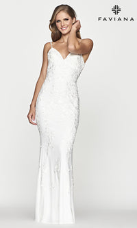Ivory Faviana Backless Embroidered-Lace Long Prom Dress