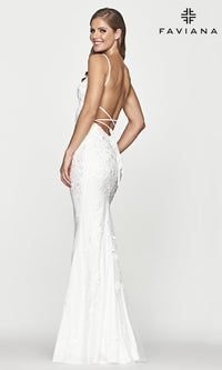  Faviana Backless Embroidered-Lace Long Prom Dress