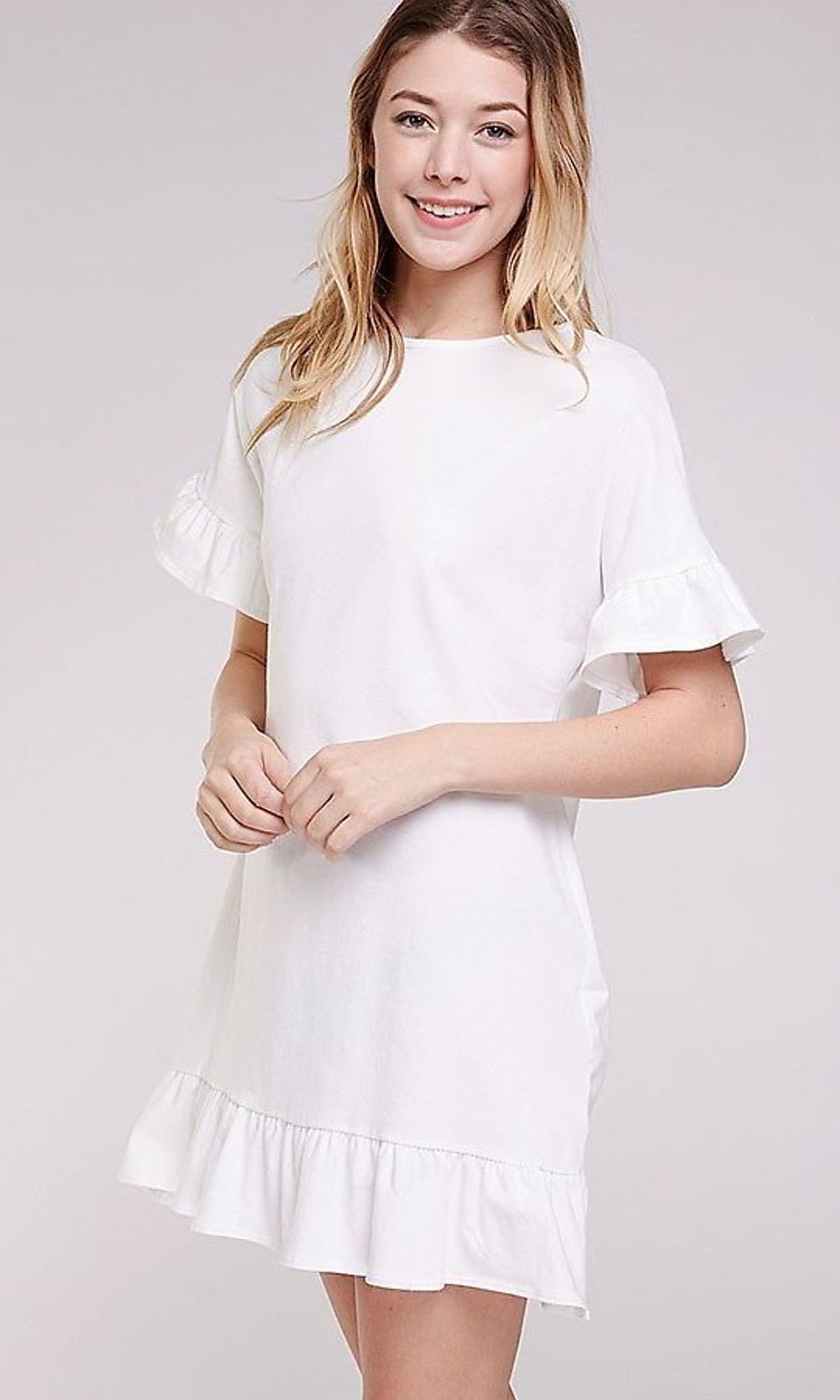 Ivory Short Casual Shift Dress with Ruffle Short Sleeves