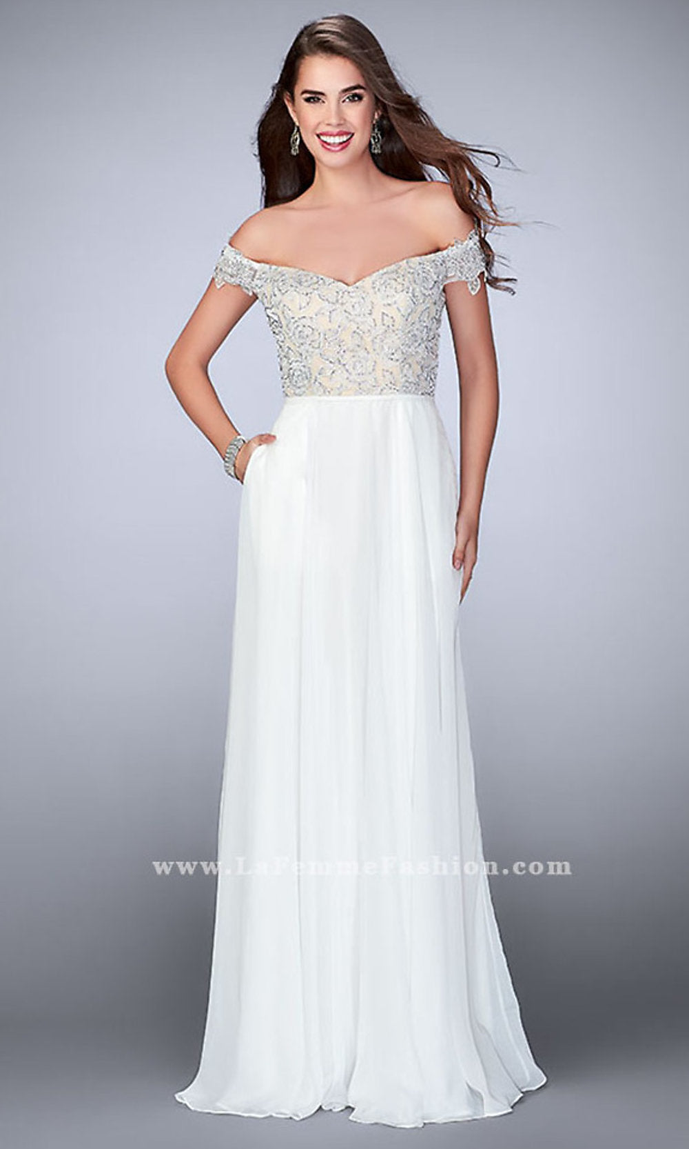Ivory Lace Off-the-Shoulder Long Prom Dress