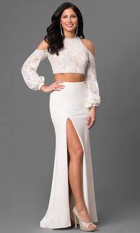 Ivory Jersey Open Back Prom Dress with Long Sleeves
