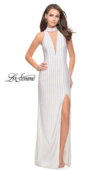 Ivory Long Open-Back La Femme Prom Dress with Beading