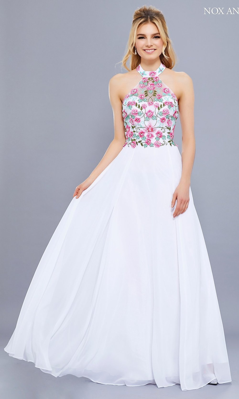 White Embroidered-Bodice Long Halter A-Line Prom Dress