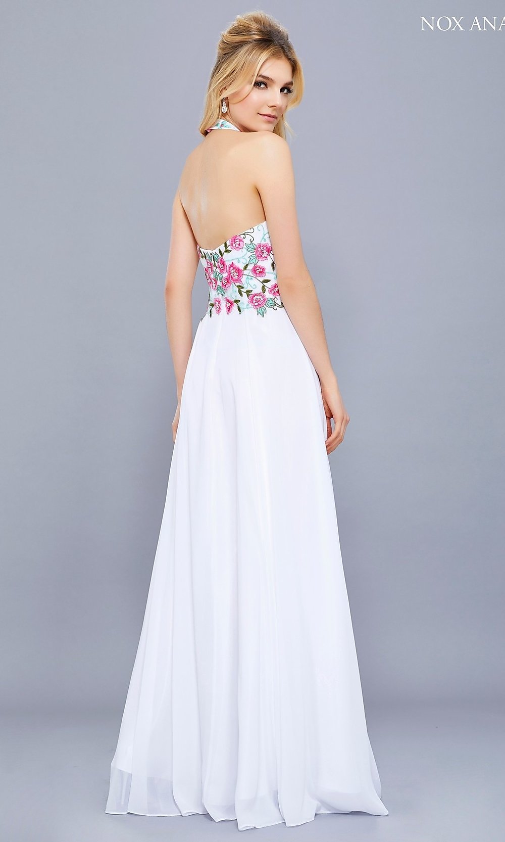  Embroidered-Bodice Long Halter A-Line Prom Dress