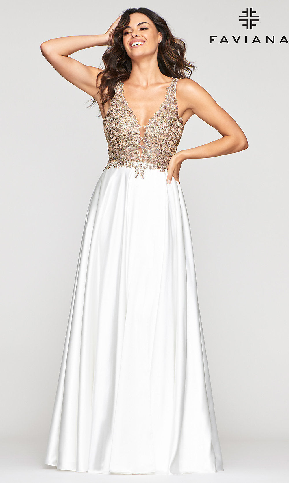 Long A-Line V-Neck Prom Dress with Embroidery