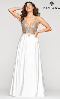  Long A-Line V-Neck Prom Dress with Embroidery