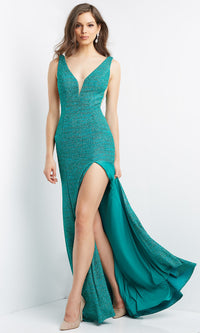 Jade JVN by Jovani Glitter Sheer-Sides Long Prom Dress