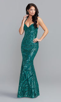 Jade Strappy-Open-Back Long Sequin-Print Prom Dress