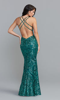  Strappy-Open-Back Long Sequin-Print Prom Dress