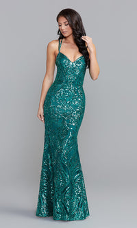  Strappy-Open-Back Long Sequin-Print Prom Dress