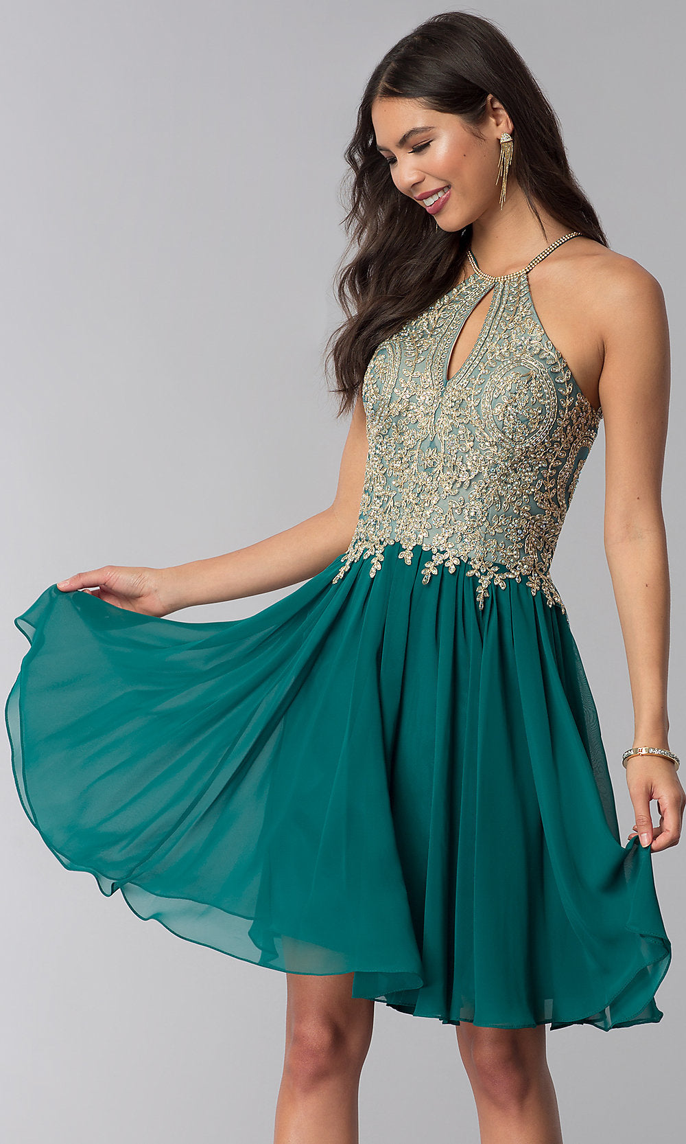 Jade/Gold Short Homecoming Dress with Beaded High-Neck Bodice