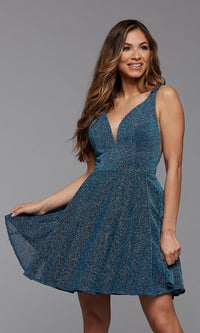 Lakeside Blue Glitter Short V-Back Homecoming Party Dress