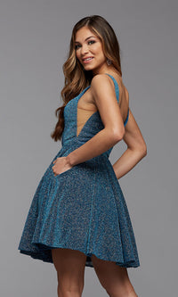  Blue Glitter Short V-Back Homecoming Party Dress