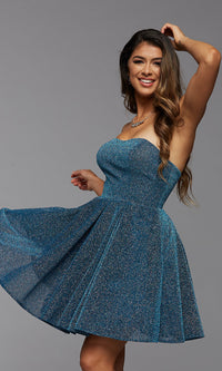 Lakeside Blue Glitter Strapless Short A-Line Homecoming Dress