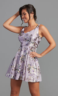  Floral-Print Short Glitter Purple Homecoming Dress
