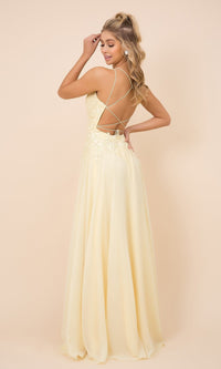 Lemon Lace-Bodice Long Formal Gown with Strappy Back
