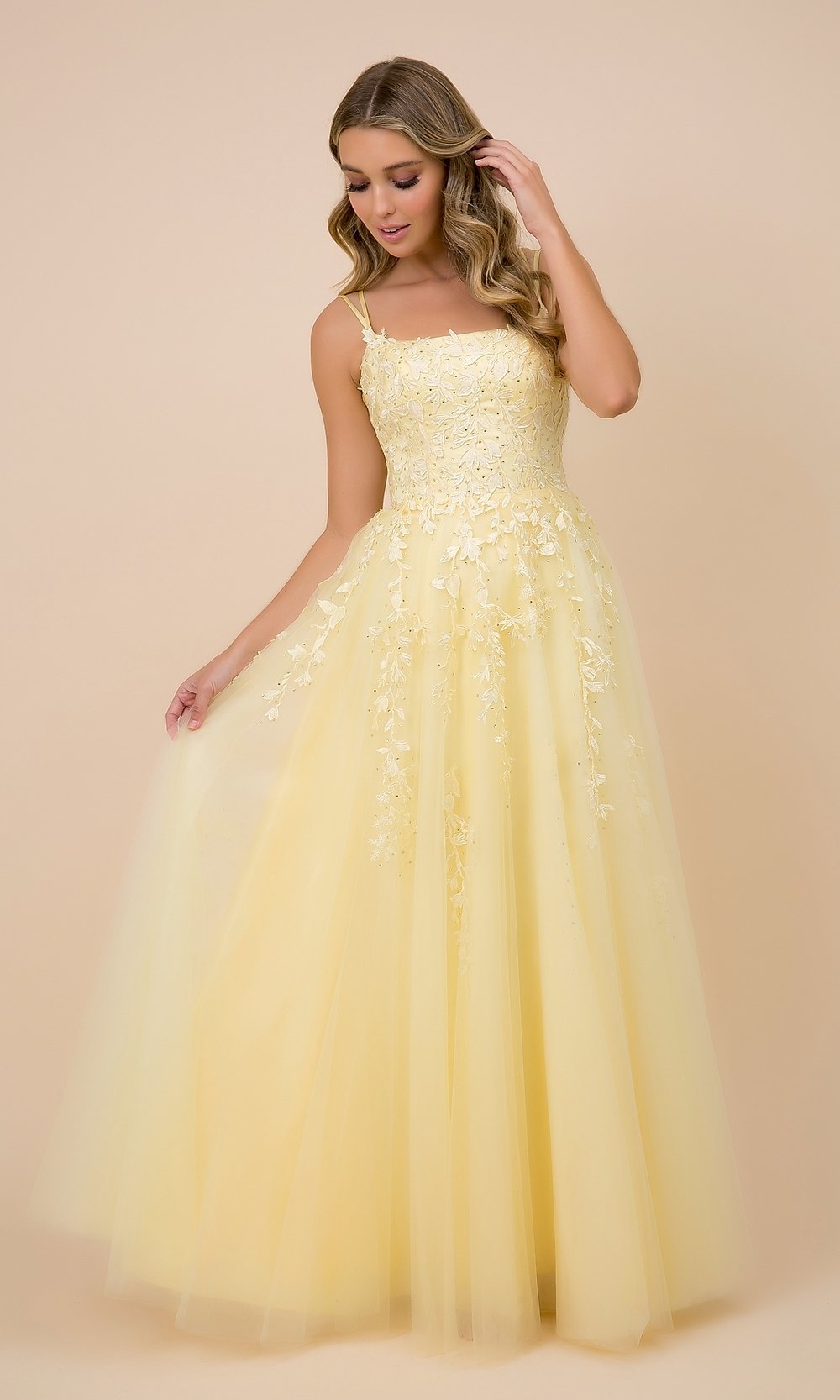 Lemon Embroidered Strappy-Back Tulle Ball Gown for Prom