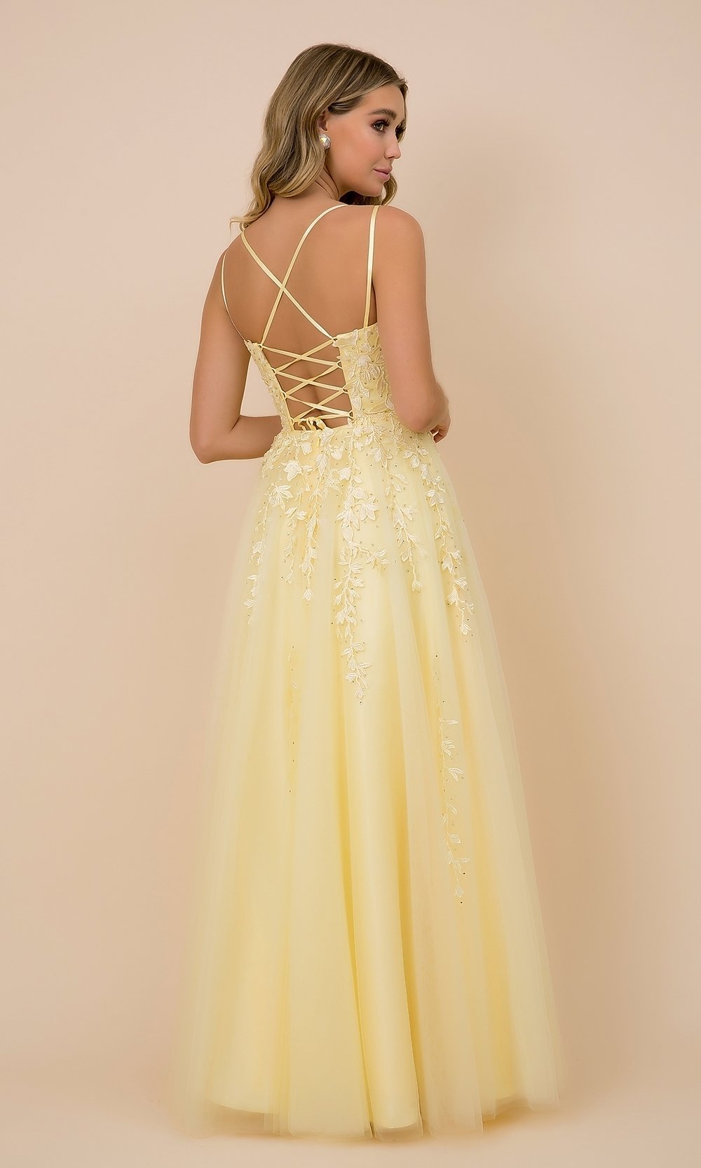  Embroidered Strappy-Back Tulle Ball Gown for Prom