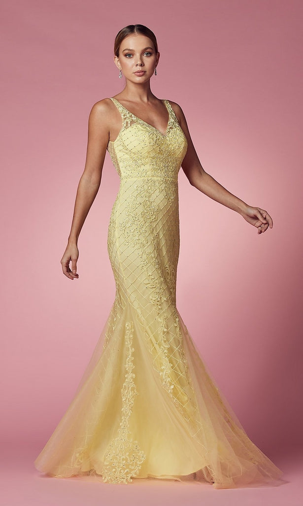 Deep V Back Long Prom Dress Beaded Embroidery