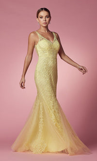 Lemon Deep V-Back Long Prom Dress with Beaded Embroidery