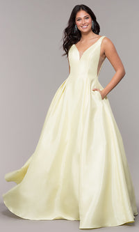 Lemon Long Satin A-Line Formal Gown with Sheer Sides