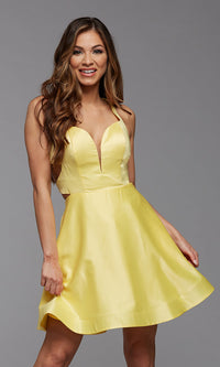  Strappy-Back Short Satin Homecoming Party Dress