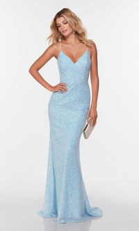  Strappy-Back Long Sequin Prom Dress with Train