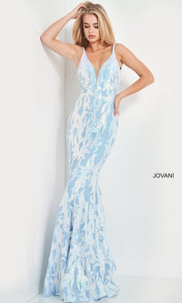Light Blue Jovani Long Sexy Sequin Mermaid Formal Prom Dress
