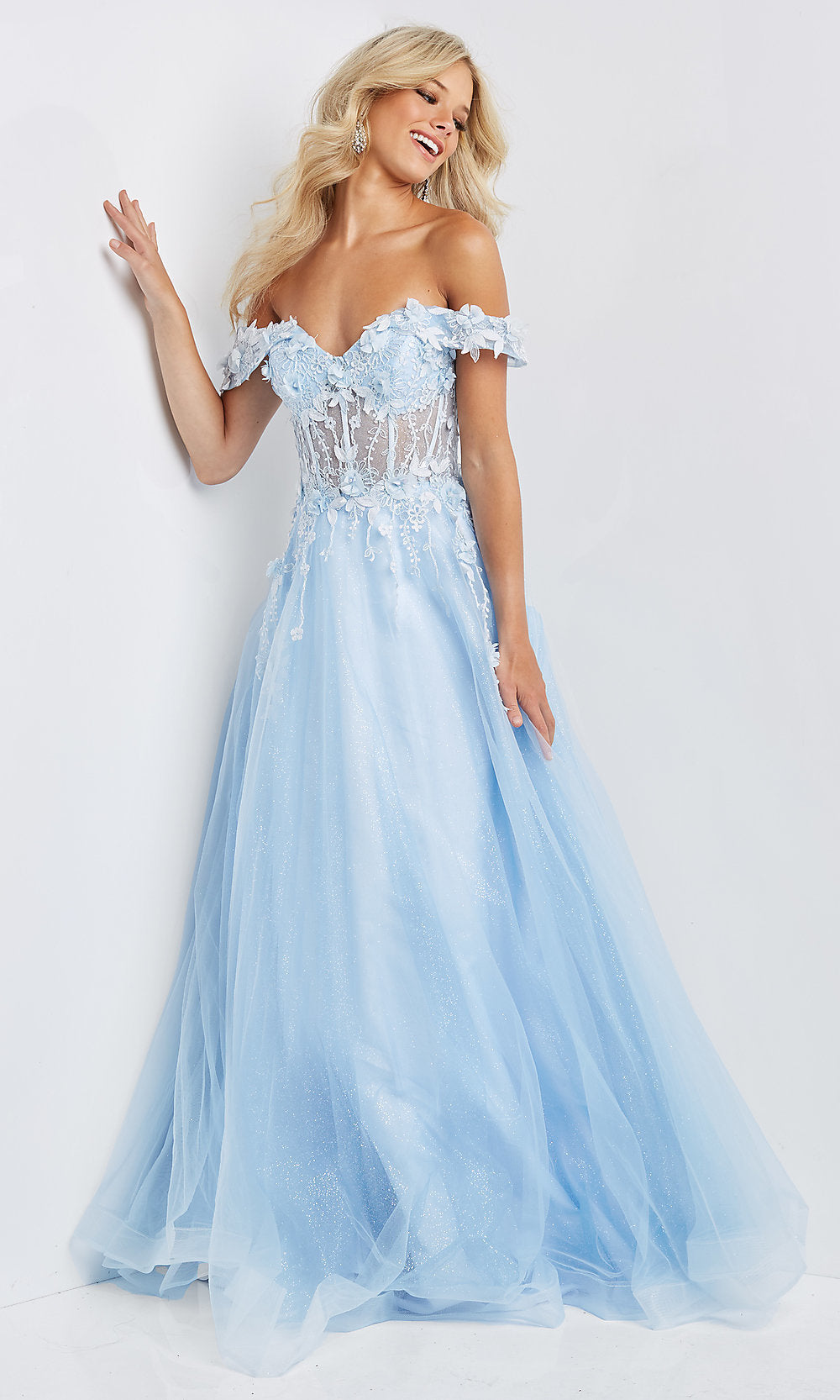 Light Blue JVN by Jovani Sheer-Bodice Long Prom Ball Gown