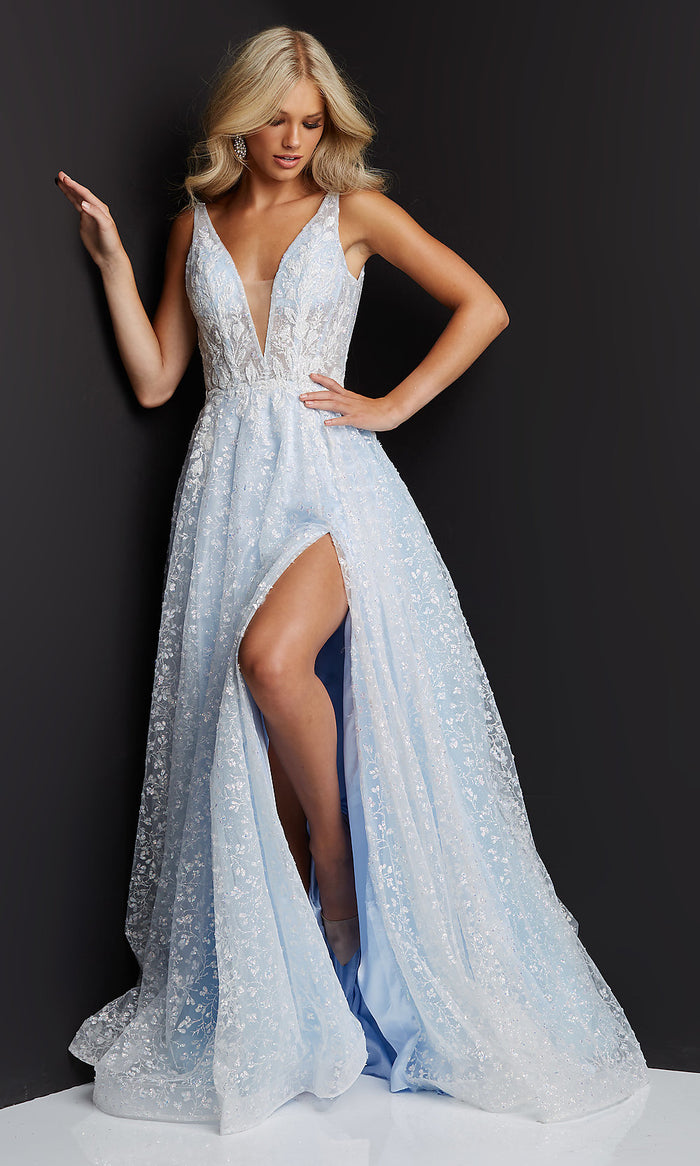 Light Blue Low-V-Back Light Blue Sheer-Bodice Prom Ball Gown