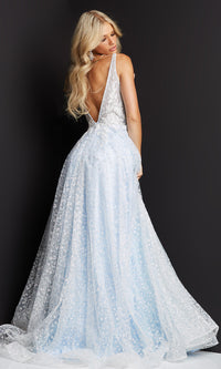  Low-V-Back Light Blue Sheer-Bodice Prom Ball Gown