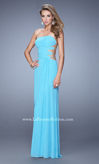 Light Blue Strapless La Femme Prom Dress with Open Back