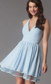Light Blue Lace-Back Short Chiffon Homecoming Party Dress