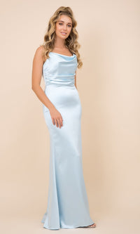 Light Blue Classic Cowl-Neck Long Satin Formal Dress