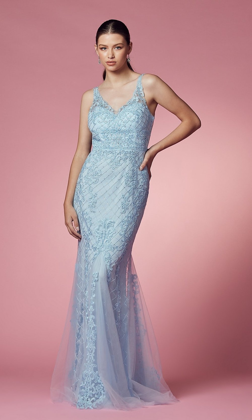 Light Blue Deep V-Back Long Prom Dress with Beaded Embroidery