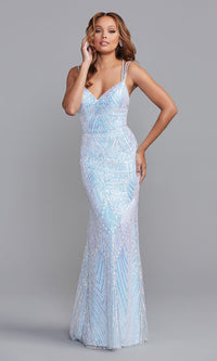 Light Blue Shimmer Iridescent Shimmer Strappy Long Formal Prom Dress