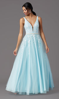 Light Blue/Ivory Long V-Neck Ball-Gown-Style Prom Dress by PromGirl