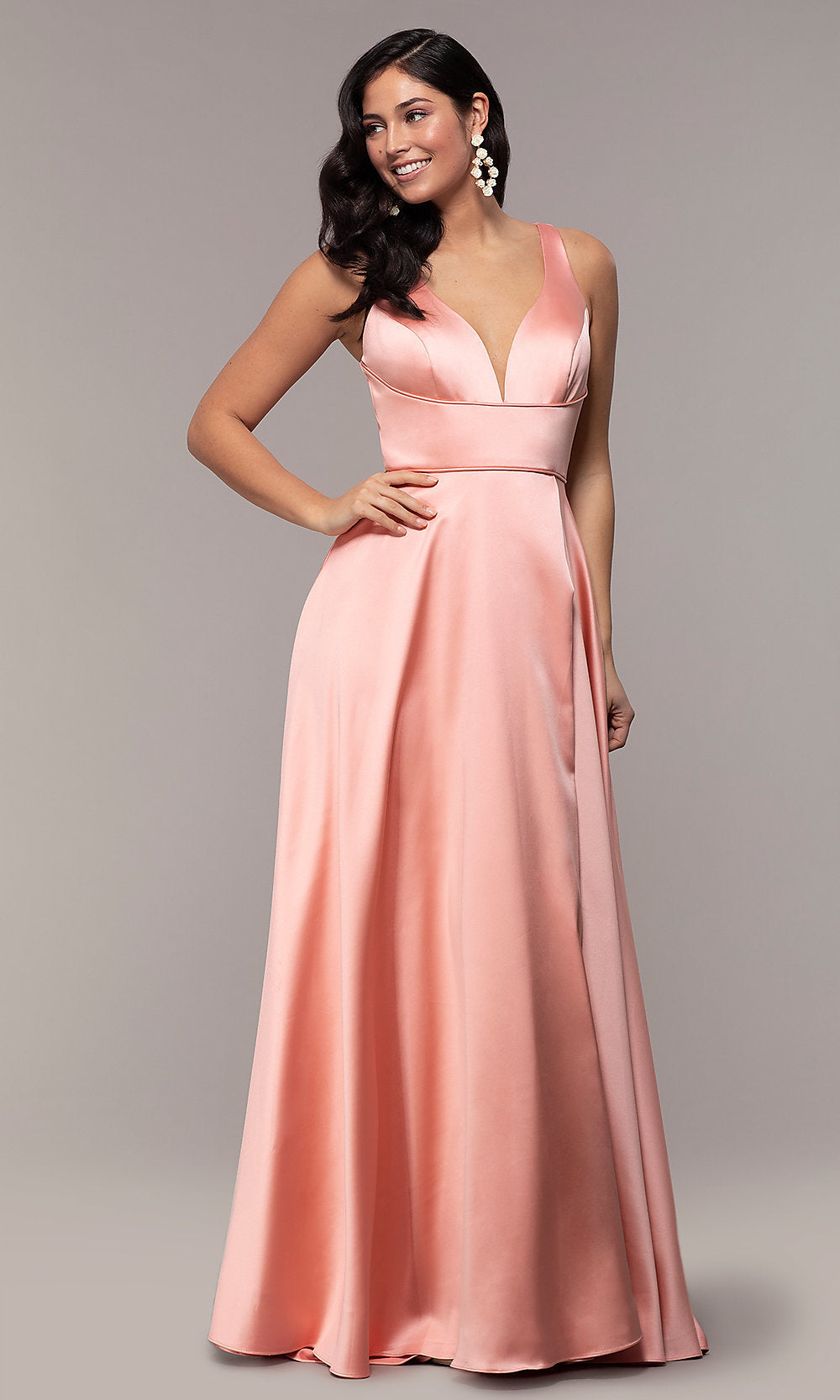 Mauve Pink Low V-Neck Long Red Prom Dress by Dave and Johnny