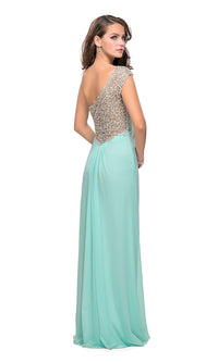 Light Mint One-Shoulder Long La Femme Lace-Back Prom Dress