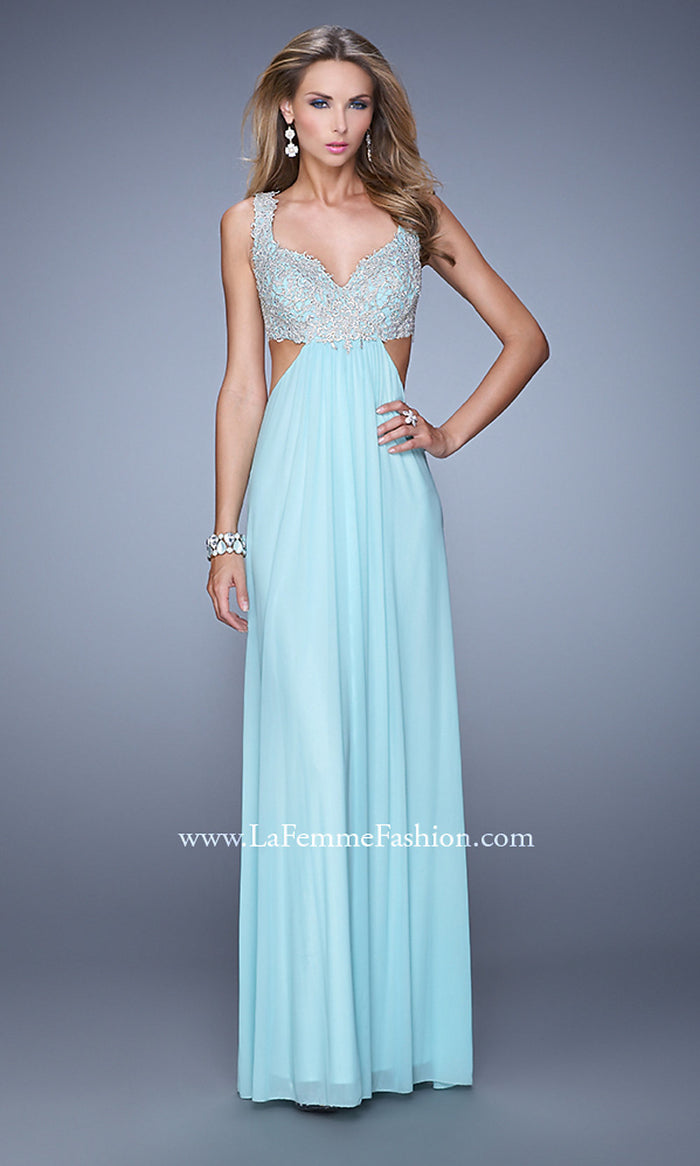 Light Mint Lace-Bodice Open-Back Long La Femme Prom Dress - Image
