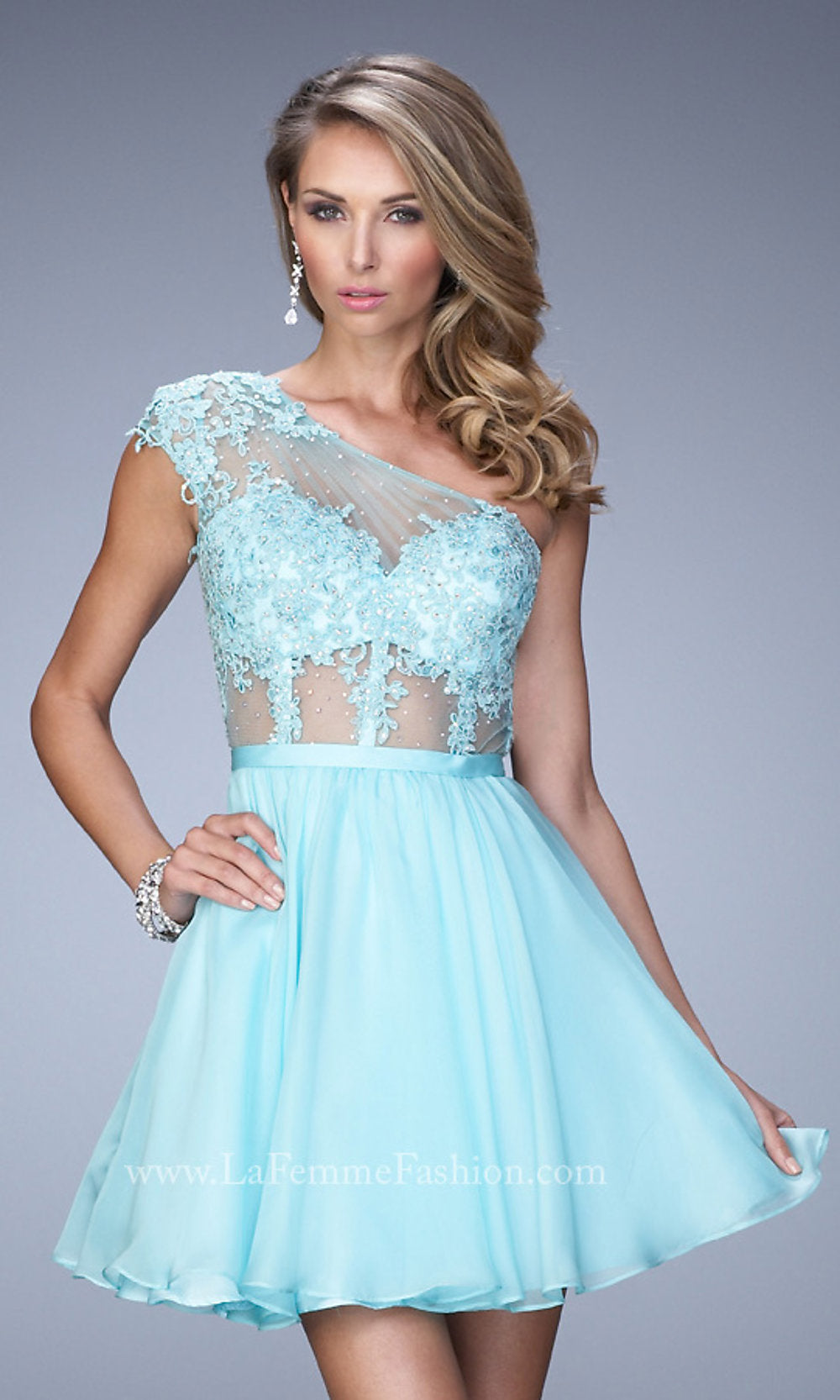 Light Mint La Femme Short One-Shoulder Chiffon Party Dress