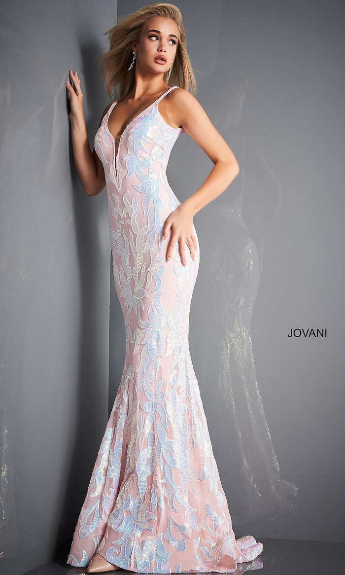 Light Pink Jovani Long Sexy Sequin Mermaid Formal Prom Dress